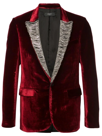 Amiri Burgundy Slim-fit Chain-detailed Leather-trimmed Silk-velvet Blazer In Red