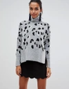 LIQUORISH HIGH NECK LEOPARD SWEATER WITH ZIP IN THE BACK - GRAY,LIQKNIT019