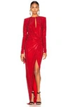 Alexandre Vauthier Draped Diamante Split Neck Gown In Red