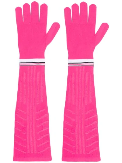 Prada Logo Intarsia Tech Knit Long Gloves In Rosa Fluo Bianco