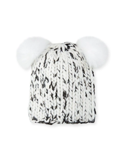 Eugenia Kim Mimi Metallic Knit Beanie Hat W/ Fur Pompoms In White/black