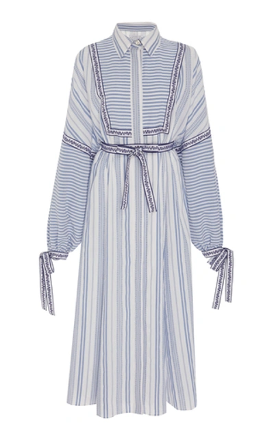 Andrew Gn Long-sleeve Tie-waist Striped Dress In Blue/white
