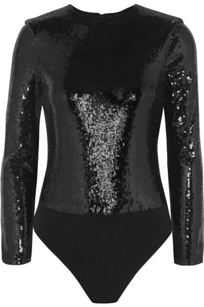 Alice And Olivia Britney Sequined Stretch-jersey Thong Bodysuit In Black