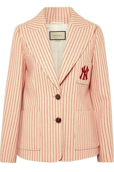 Gucci + New York Yankees Embroidered Striped Wool Blazer In Neutrals