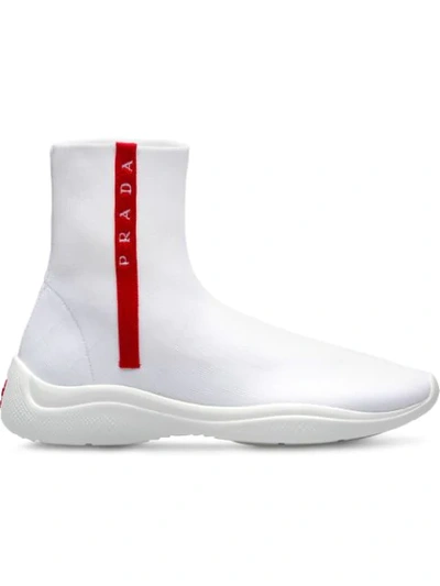 Prada Logo-embellished Stretch-knit Slip-on Sneakers In White