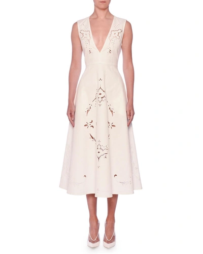 Stella Mccartney V-neck Sleeveless Embroidered Anglaise A-line Midi Dress In White