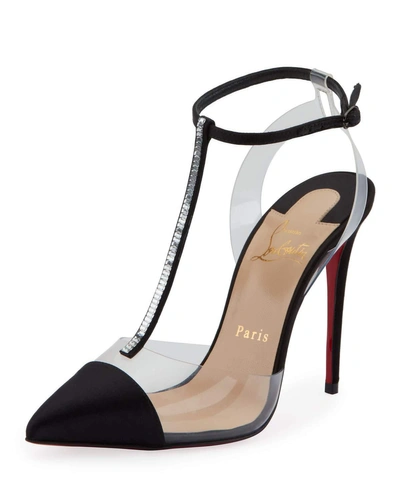 Christian Louboutin Nosy 100 Crystal-embellished Satin And Pvc Pumps In Black