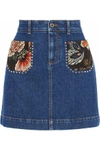 STELLA MCCARTNEY STELLA MCCARTNEY WOMAN JACQUARD-PANELED STUDDED DENIM MINI SKIRT MID DENIM,3074457345619511648