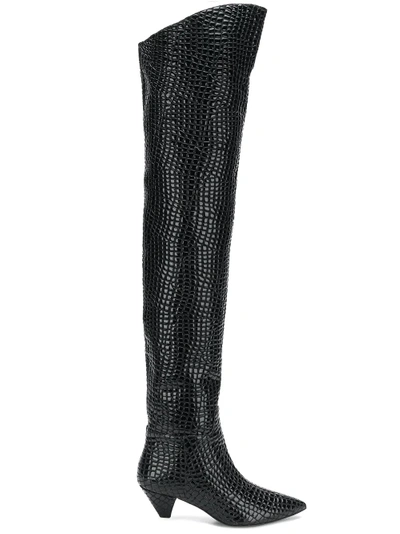 Attico Asia Croc-effect Leather Over-the-knee Boots In Black