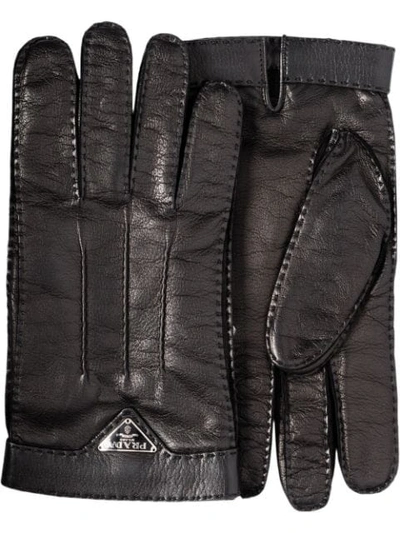 PRADA ENAMEL-LOGO LEATHER GLOVES