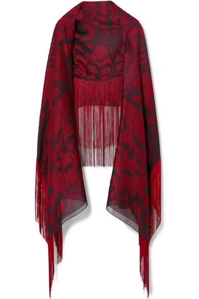 Alexander Mcqueen Fringed Satin-jacquard Scarf In Red