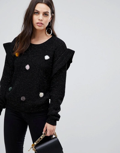 Liquorish Tinsel Sweater With Faux Fur Pom Poms-black