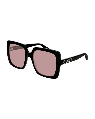 Gucci Square Acetate Sunglasses W/ Swarovski Crystal Logo Temples In Pink