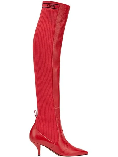 Fendi Rockoko Leather And Rib-knitted Boots In F10c2-strawberry+black Win