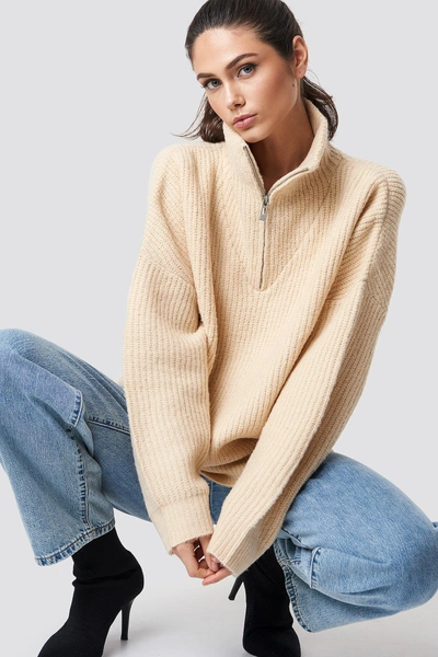 Na-kd Front Zipper Knitted Sweater - Beige