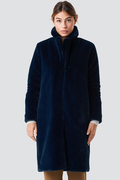 Rut & Circle Long Faux Fur Coat Blue In Dk Navy
