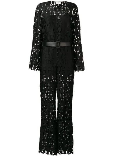 Self-portrait Tech Lace Jumpsuit W/ Faux Leather Belt In Black