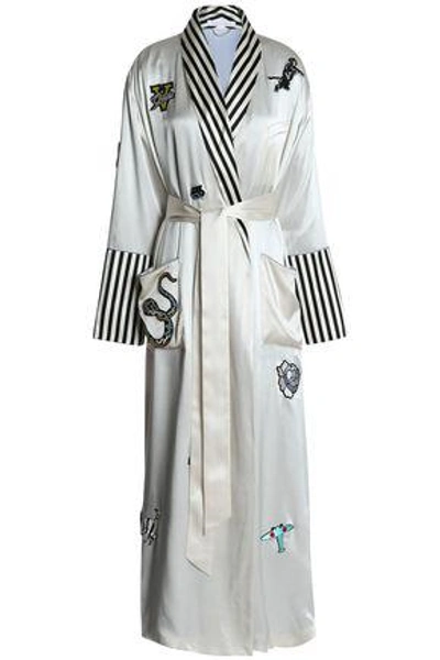 Olivia Von Halle Woman Striped-trimmed Appliquéd Silk-satin Dressing Gown Off-white