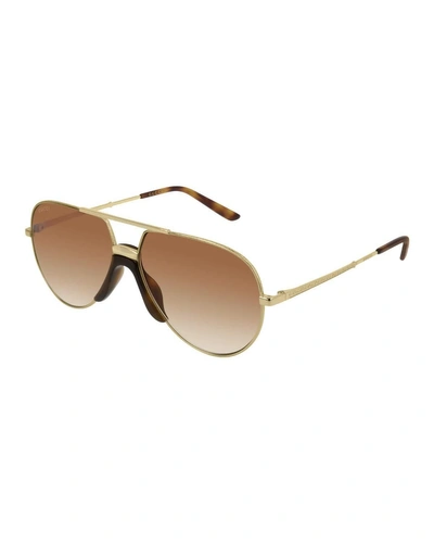 Gucci Engraved Metal Aviator Sunglasses W/ Contrast Nose Pad In Gold/havana W/cognac Grad