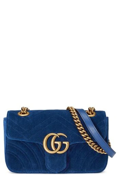 Gucci Small Gg Marmont 2.0 Matelassé Velvet Shoulder Bag In Blue