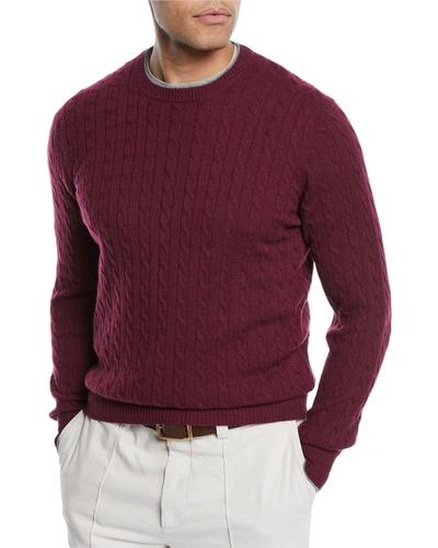 Brunello Cucinelli Men's Cashmere Cable-knit Crewneck Sweater In Burgundy