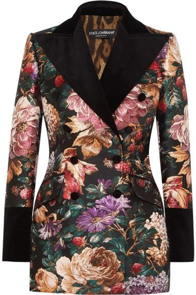 Dolce & Gabbana Double-breasted Velvet-trimmed Floral-jacquard Blazer In Multicolor
