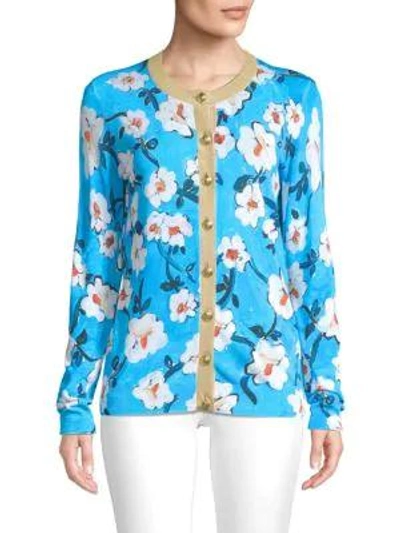 Escada Golden-button Floral-print Cardigan W/ Metallic Trim In Dk-blue