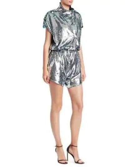 Carolina Ritzler Short Sleeve Sequin Romper In Silver Sequins