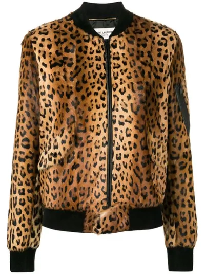 Saint Laurent Leather-trimmed Leopard-print Goat Hair Bomber Jacket In Brown