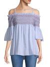 CHELSEA & THEODORE Cold-Shoulder Smocked Cotton Top,0400098167030