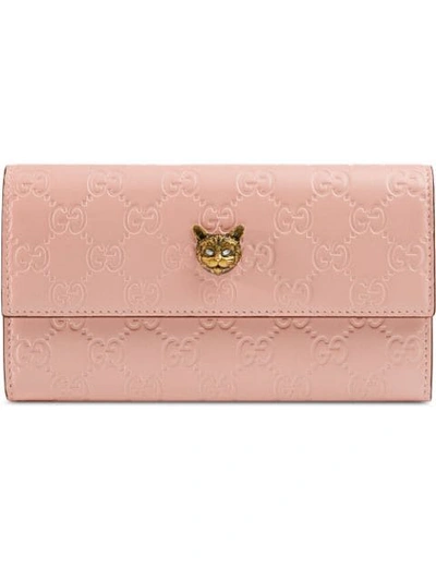 Gucci Signature Continental Wallet With Cat In 5877 Pink