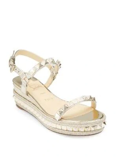 Christian Louboutin Pyraclou 60 Spiked Metallic Cracked-leather Wedge Sandals In Silver/glitter/multi