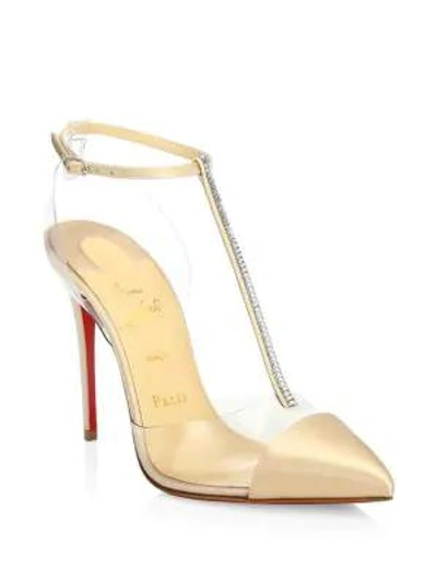 Christian Louboutin Nosy 100 Embellished Satin T-strap Pumps In Tan