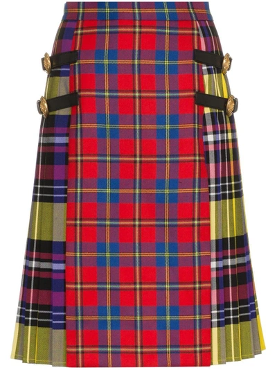 Versace Leather-trimmed Tartan Wool Skirt In Multicolour
