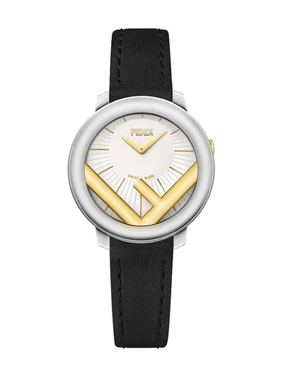 Fendi 36mm Run Away Watch With Leather Strap, Black/golden In Black/ White/ Gold/ Silver