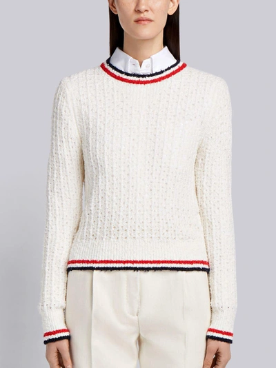 Thom Browne Crewneck Pullover With Red, White And Blue Tipping Stripe In Merino Wool Boucle Blend In 100 White