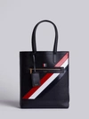 Thom Browne Tote In Black Pebble Grain Red, White And Blue Diagonal Stripe In Calf Leather In Black