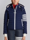 THOM BROWNE THOM BROWNE DOWNFILL SKI JACKET WITH 4-BAR STRIPE & REMOVABLE HOOD IN NAVY MATTE NYLON POPLIN,FBC339X0231312372869