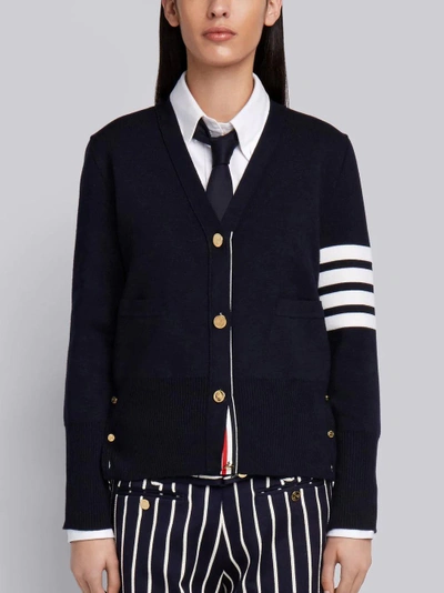 Thom Browne Four Bar V-neck Knitted Cotton Cardigan In Blue