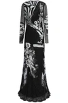 ROBERTO CAVALLI PANELED LACE, POINT D'ESPRIT AND PRINTED SILK CREPE DE CHINE GOWN,3074457345619534667