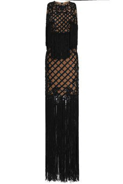 Zuhair Murad Woman Fringed Embellished Silk And Cotton-blend Tulle Gown Black