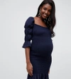 QUEEN BEE MATERNITY SQUARE NECK SHIRRED PENCIL DRESS IN NAVY,TBC