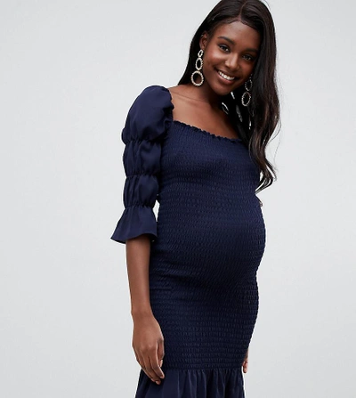 Queen Bee Maternity Square Neck Shirred Pencil Dress In Navy