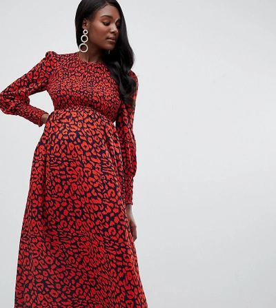 Queen Bee Long Sleeve Shirred Bust Midi Dress In Red Leopard
