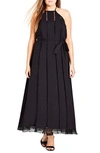 CITY CHIC LACE TRIM SWISS DOT HALTER MAXI DRESS,00133595