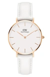 Daniel Wellington Classic Petite Leather Strap Watch, 32mm In White/ Rose Gold