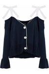 CINQ À SEPT CINQ À SEPT WOMAN COLBY COLD-SHOULDER SILK AND CASHMERE-BLEND CARDIGAN NAVY,3074457345619606694