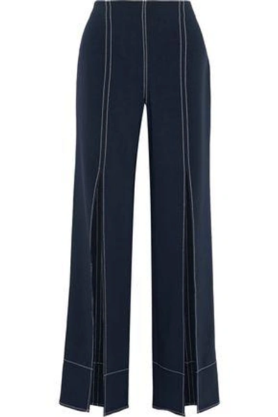 Cinq À Sept Magdalena Wide-leg Slit-front Trousers With Topstitching In Navy Ivory
