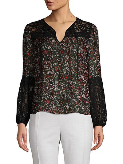 Rebecca Taylor Floral Silk Lace Tie Blouse In Black Combo