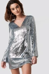 EMILIE BRITING X NA-KD LONG SLEEVE SEQUIN DRESS - SILVER
